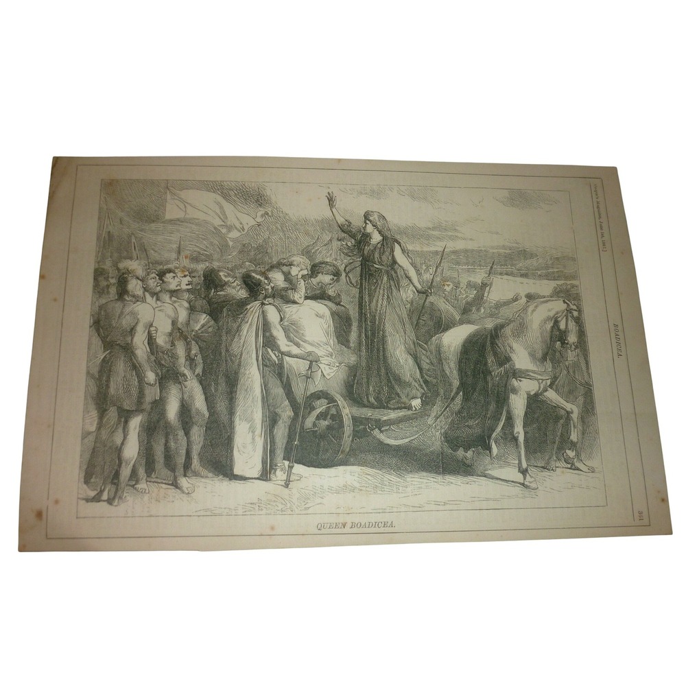 Antique 1867 Queen Boadicea Chariot Battle Wood Engraving Celtic Boudica Print